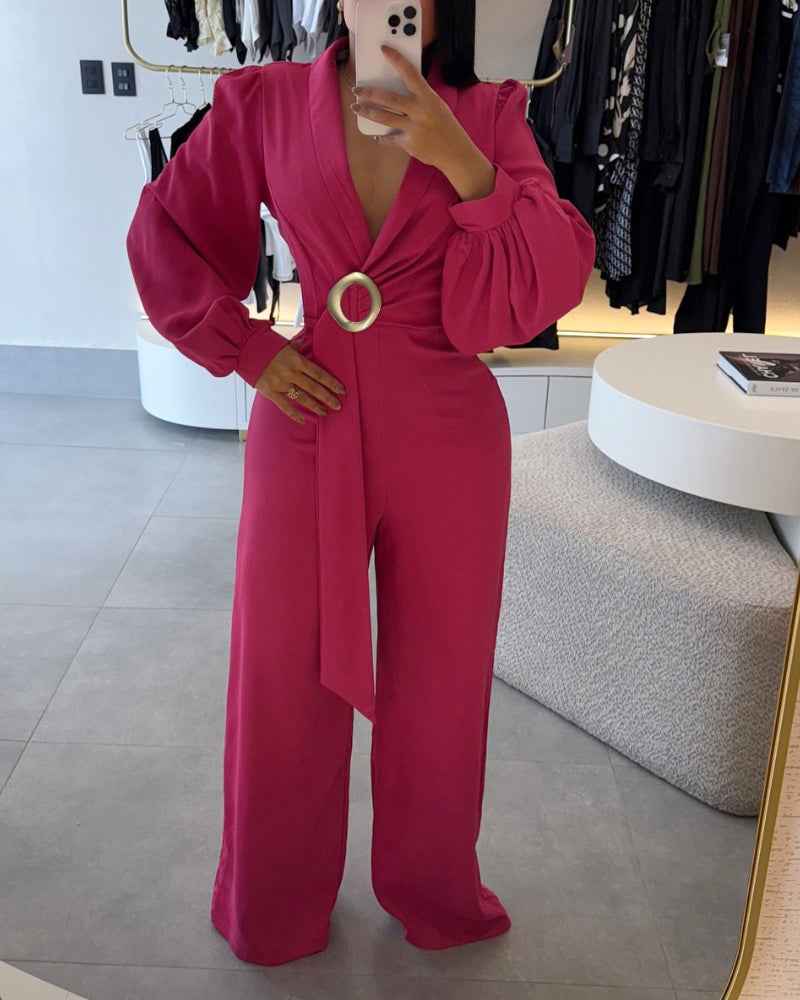 Elegant Black Wide-Leg Jumpsuit for Women with Pockets & Belted Waist - Jamota