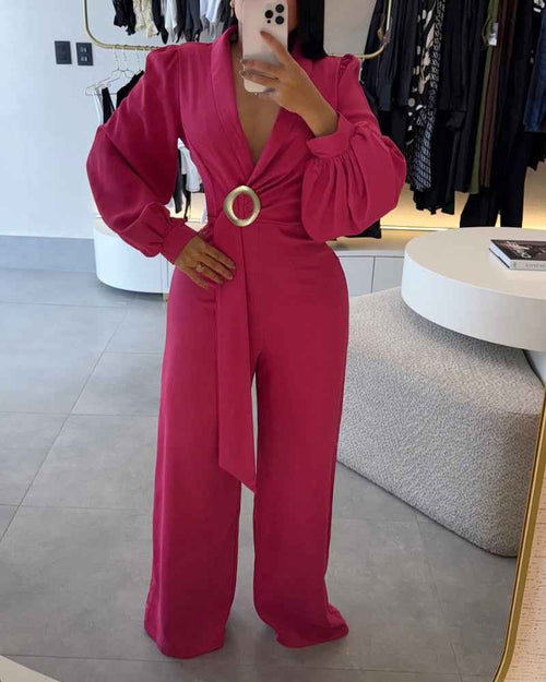 Elegant Black Wide-Leg Jumpsuit for Women with Pockets & Belted Waist - Jamota