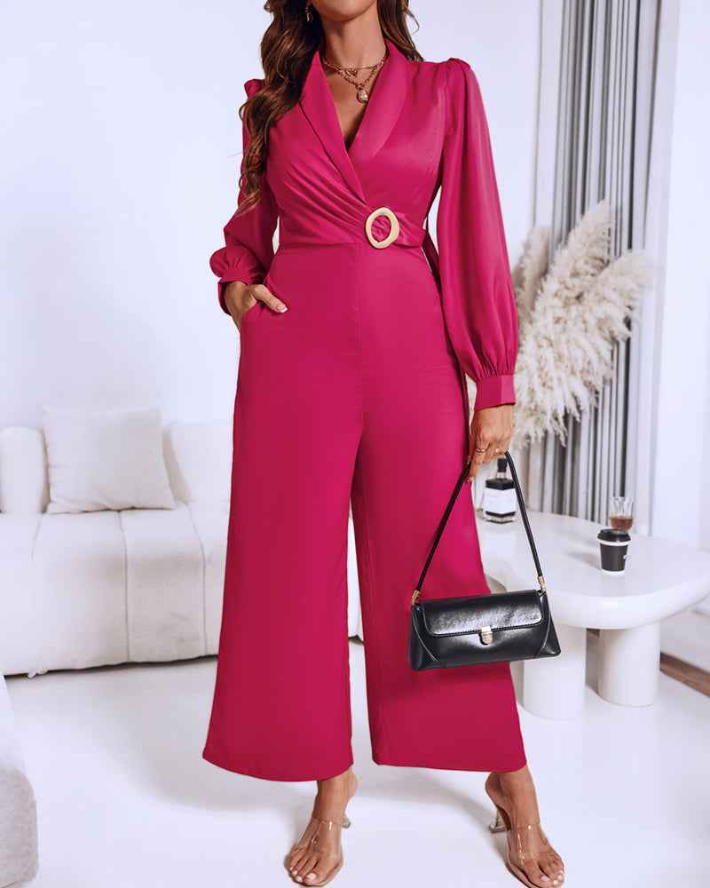 Elegant Black Wide-Leg Jumpsuit for Women with Pockets & Belted Waist - Jamota