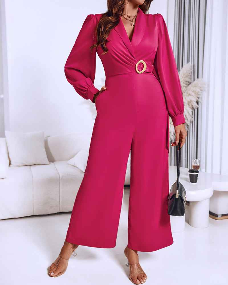 Elegant Black Wide-Leg Jumpsuit for Women with Pockets & Belted Waist - Jamota