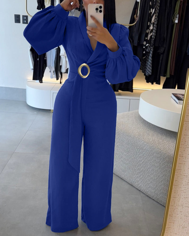 Elegant Black Wide-Leg Jumpsuit for Women with Pockets & Belted Waist - Jamota