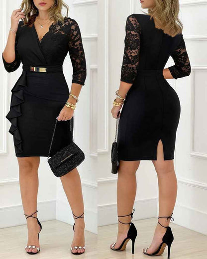 Elegant Lace Spliced Evening Gown with Sleeveless Design & Floor-Lengt - Jamota