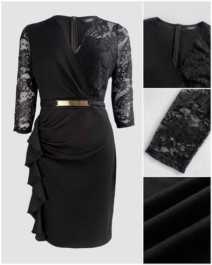 Elegant Lace Spliced Evening Gown with Sleeveless Design & Floor-Lengt - Jamota