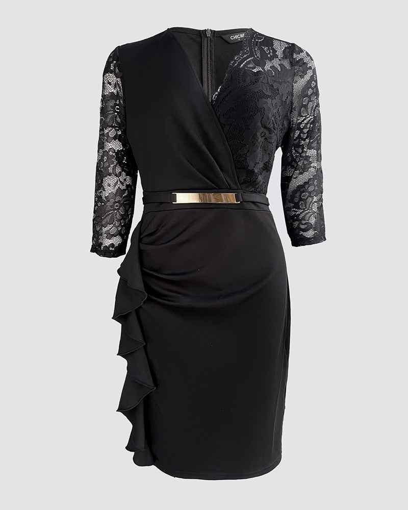 Elegant Lace Spliced Evening Gown with Sleeveless Design & Floor-Lengt - Jamota