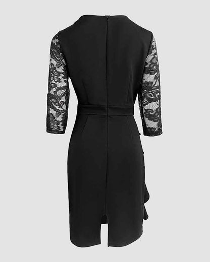 Elegant Lace Spliced Evening Gown with Sleeveless Design & Floor-Lengt - Jamota