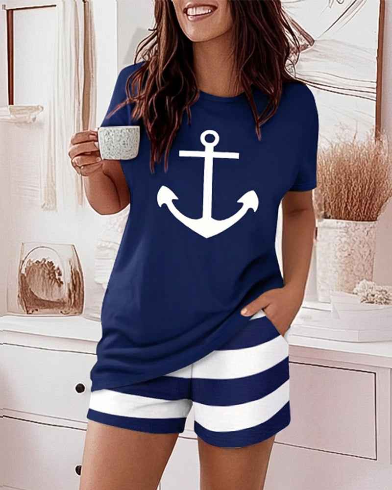 Nautical Charm Women's Pajama Set | Soft Fabric & Elastic Waist - Jamota
