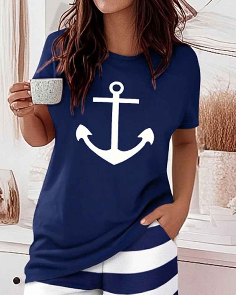 Nautical Charm Women's Pajama Set | Soft Fabric & Elastic Waist - Jamota