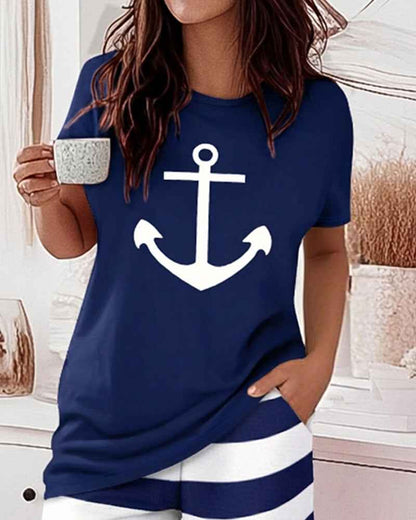 Nautical Charm Women's Pajama Set | Soft Fabric & Elastic Waist - Jamota