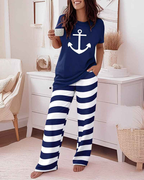Nautical Dreams Women's Pajama Set | Soft Fabric & Anchor Design - Jamota