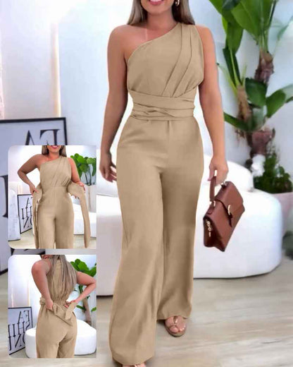 Elegant Asymmetric Wide-Leg Jumpsuit with Pockets & Adjustable Straps - Jamota