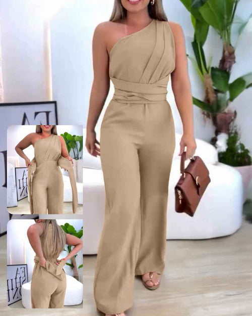 Elegant Asymmetric Wide-Leg Jumpsuit with Pockets & Adjustable Straps - Jamota
