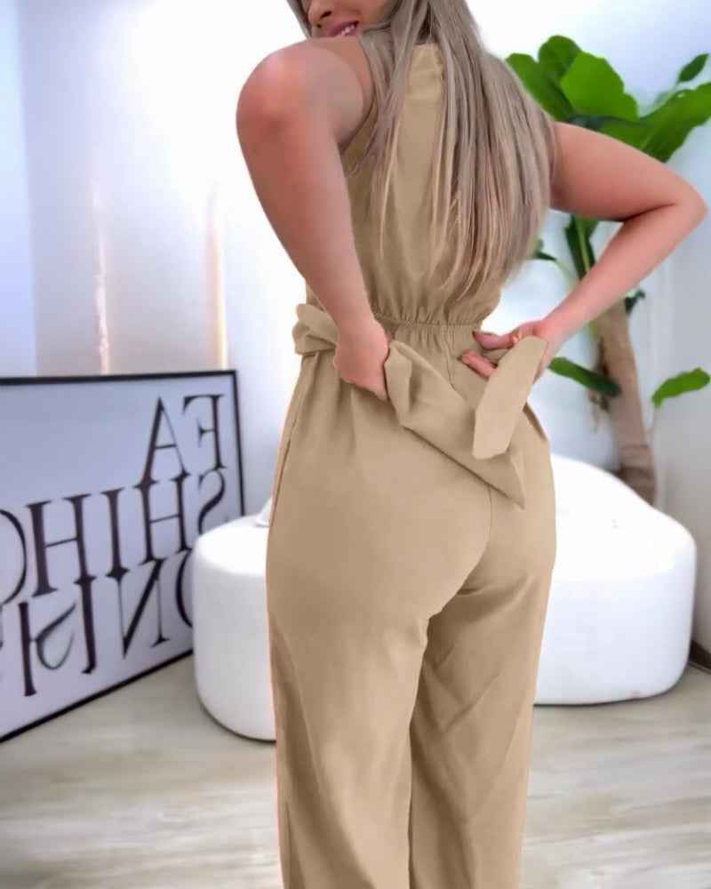Elegant Asymmetric Wide-Leg Jumpsuit with Pockets & Adjustable Straps - Jamota