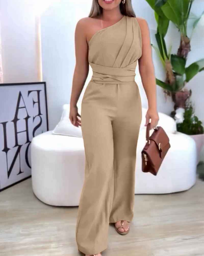 Elegant Asymmetric Wide-Leg Jumpsuit with Pockets & Adjustable Straps - Jamota