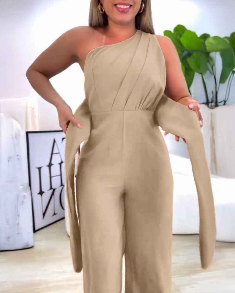 Elegant Asymmetric Wide-Leg Jumpsuit with Pockets & Adjustable Straps - Jamota