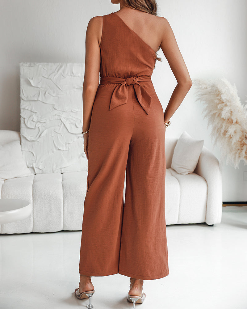 Elegant Asymmetric Wide-Leg Jumpsuit with Pockets & Adjustable Straps - Jamota