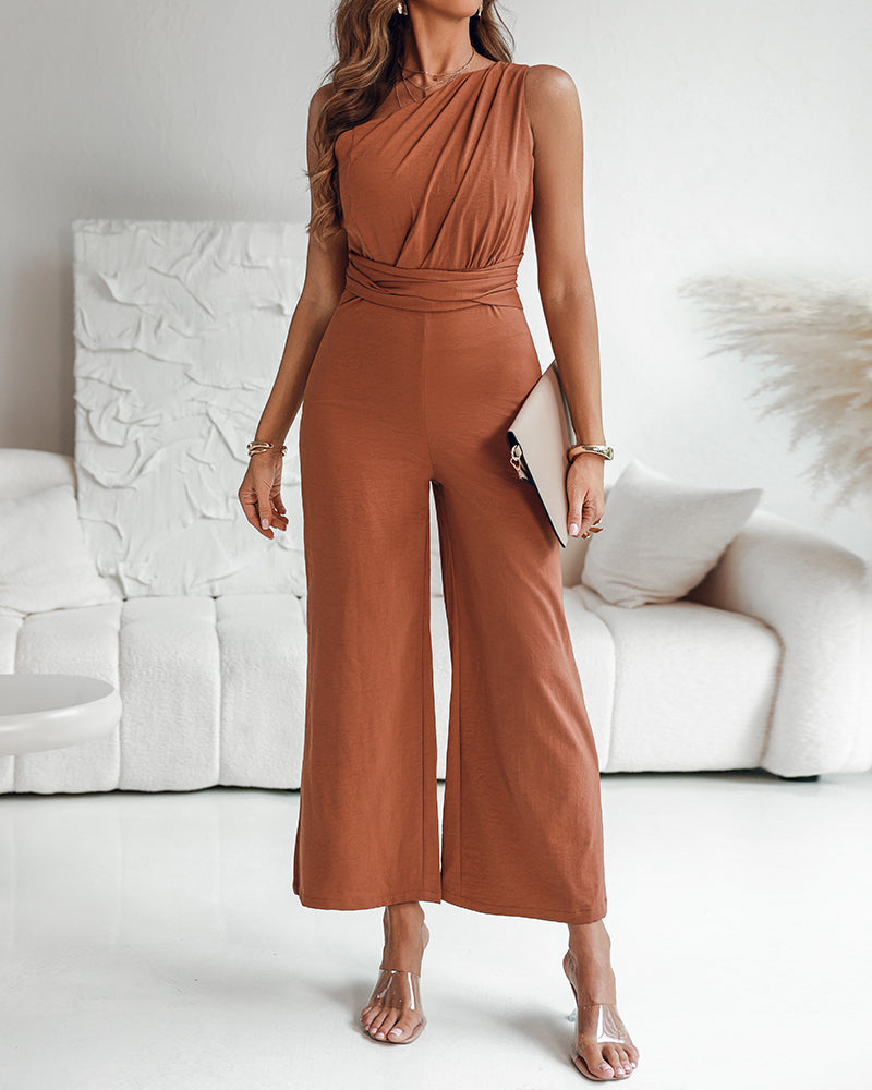 Elegant Asymmetric Wide-Leg Jumpsuit with Pockets & Adjustable Straps - Jamota