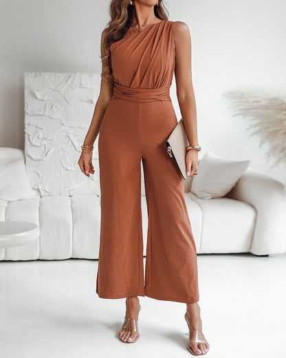 Elegant Asymmetric Wide-Leg Jumpsuit with Pockets & Adjustable Straps - Jamota