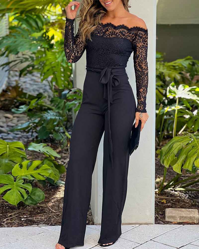 Elegant Black Slim Fit Jumpsuit with Belted Waist and Pockets