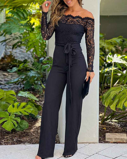 Elegant Black Slim Fit Jumpsuit with Belted Waist and Pockets