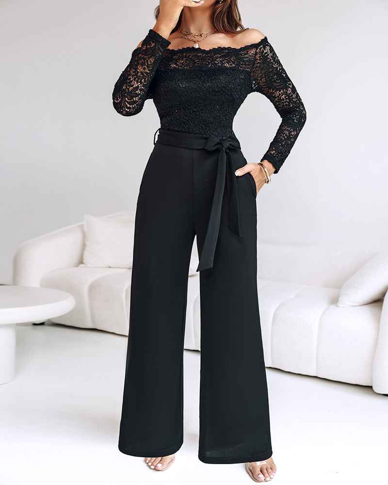 Elegant Black Slim Fit Jumpsuit with Belted Waist and Pockets