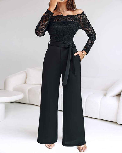 Elegant Black Slim Fit Jumpsuit with Belted Waist and Pockets