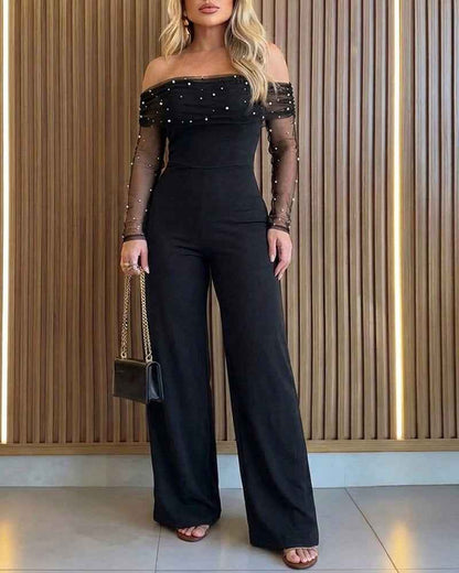 Elegant Sheer Off-Shoulder Jumpsuit with Flattering Fit & Flowing Desi