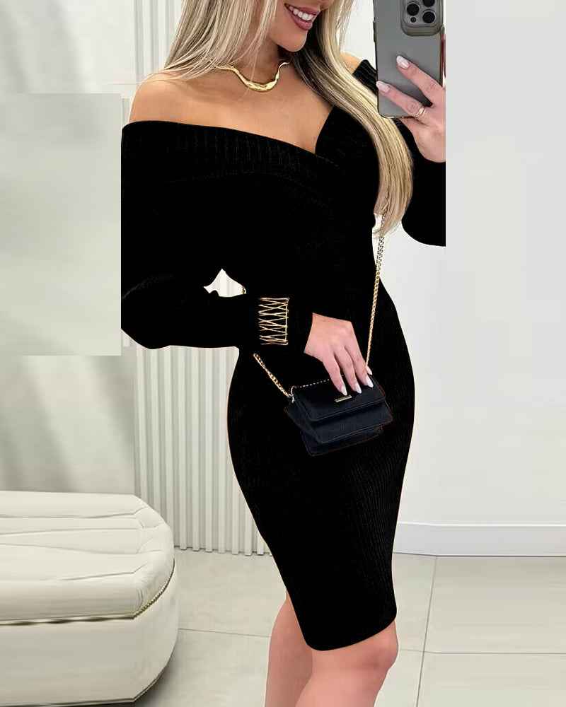 Elegant Slim Fit Bodycon Sweater Dress with Long Sleeves & Soft Knit - Jamota