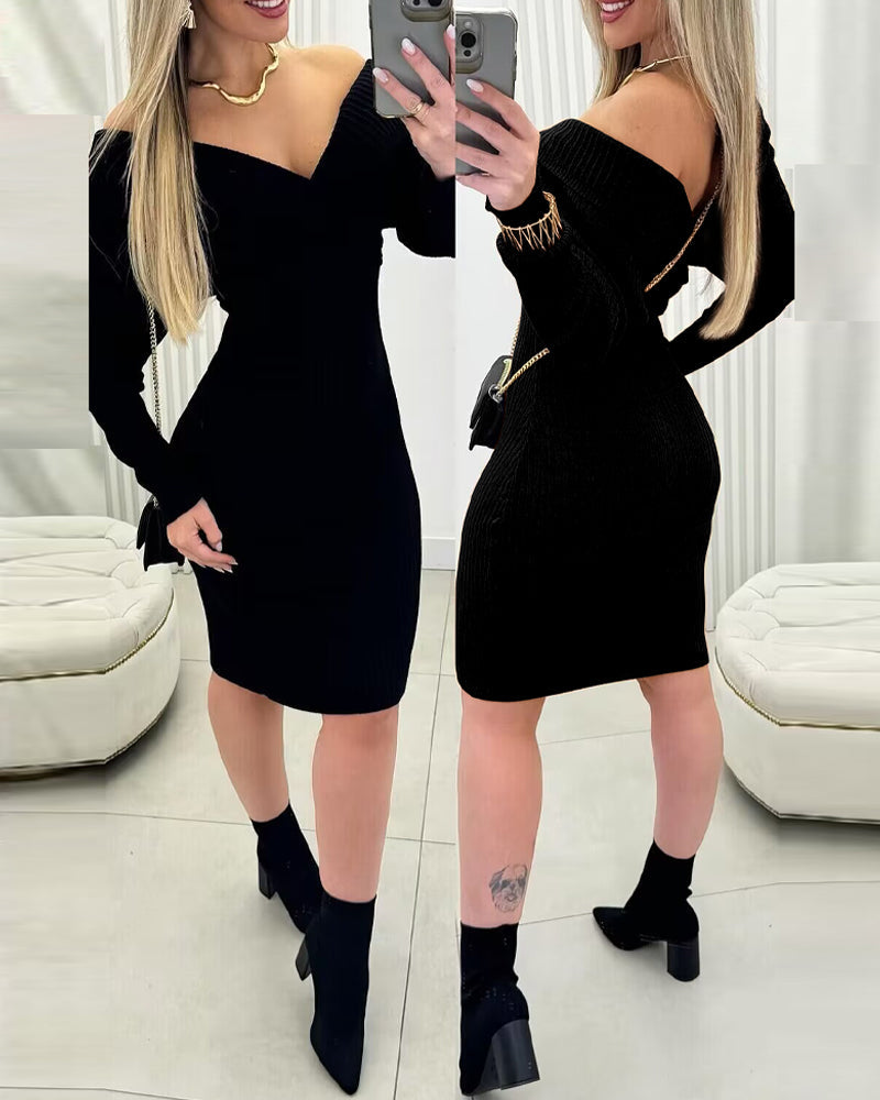 Elegant Slim Fit Bodycon Sweater Dress with Long Sleeves & Soft Knit - Jamota