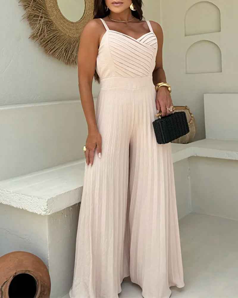 Elegant Wide-Leg Flared Jumpsuit with Adjustable Straps & Pockets