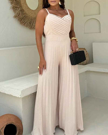 Elegant Wide-Leg Flared Jumpsuit with Adjustable Straps & Pockets