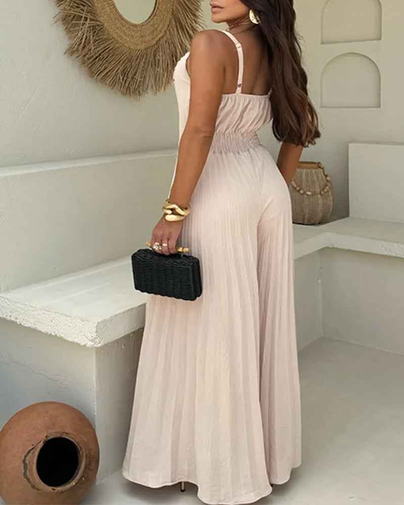 Elegant Wide-Leg Flared Jumpsuit with Adjustable Straps & Pockets