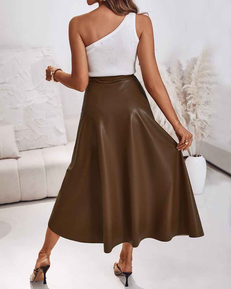 Sleek Modern Leather Midi Skirt with High Waist and Side Zip Closure