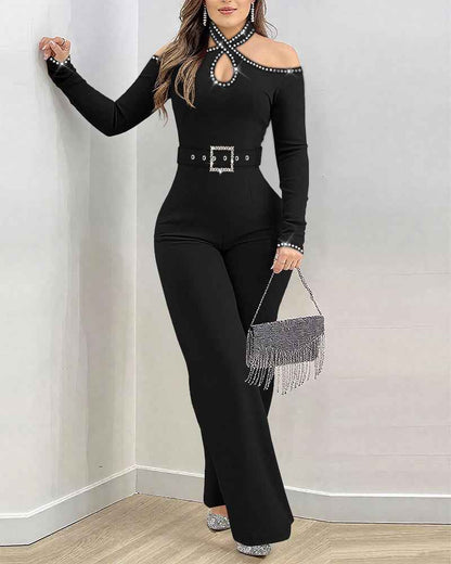 Elegant Cold Shoulder Jumpsuit with Pockets and Adjustable Straps