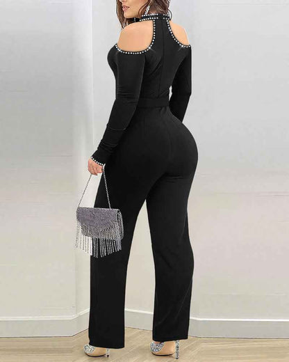 Elegant Cold Shoulder Jumpsuit with Pockets and Adjustable Straps