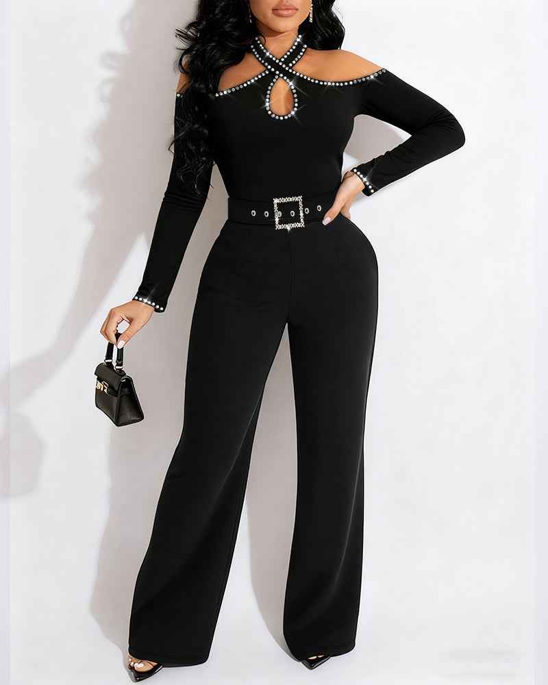 Elegant Cold Shoulder Jumpsuit with Pockets and Adjustable Straps