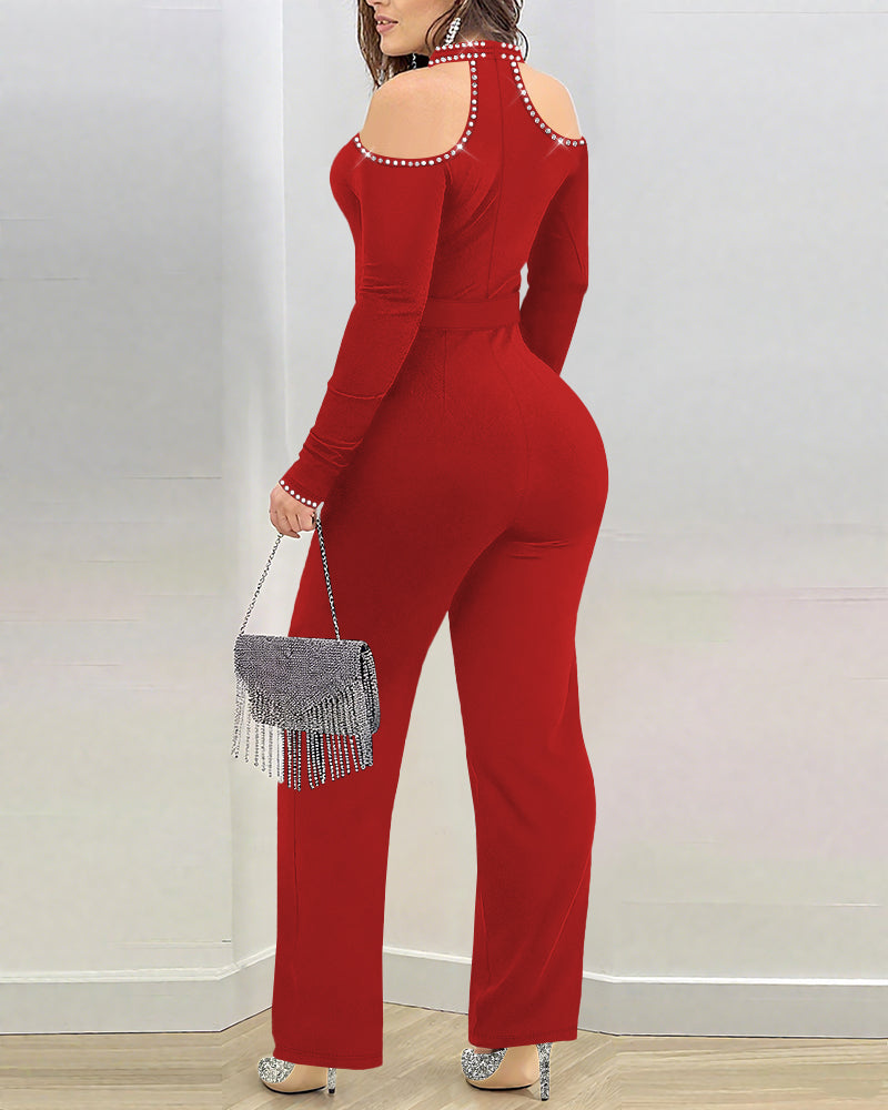 Elegant Cold Shoulder Jumpsuit with Pockets and Adjustable Straps