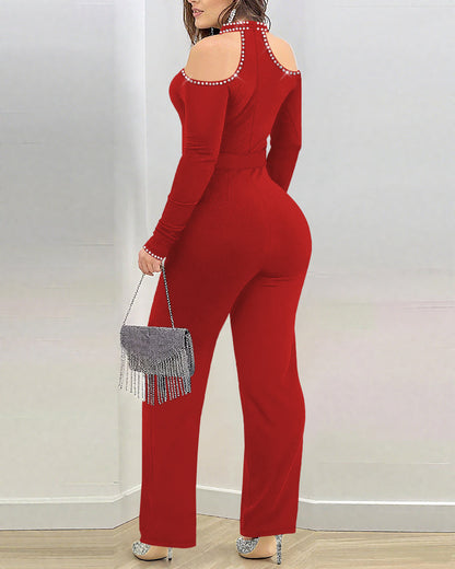 Elegant Cold Shoulder Jumpsuit with Pockets and Adjustable Straps