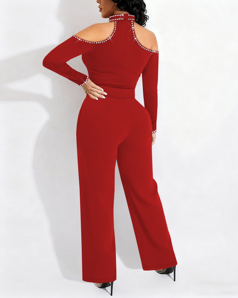 Elegant Cold Shoulder Jumpsuit with Pockets and Adjustable Straps