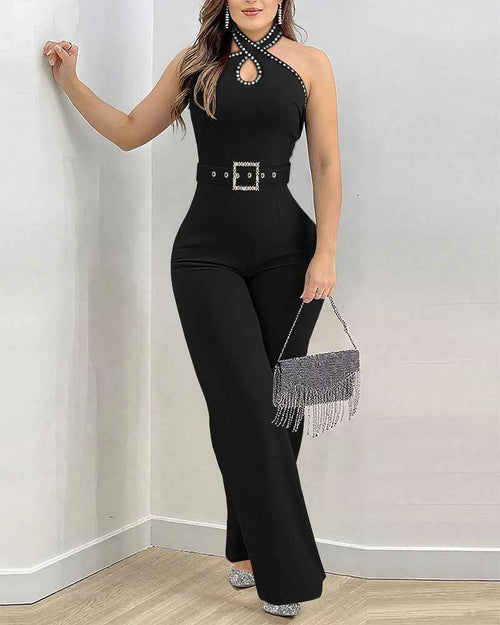 Elegant High-Waist Rhinestone Jumpsuit with Adjustable Straps