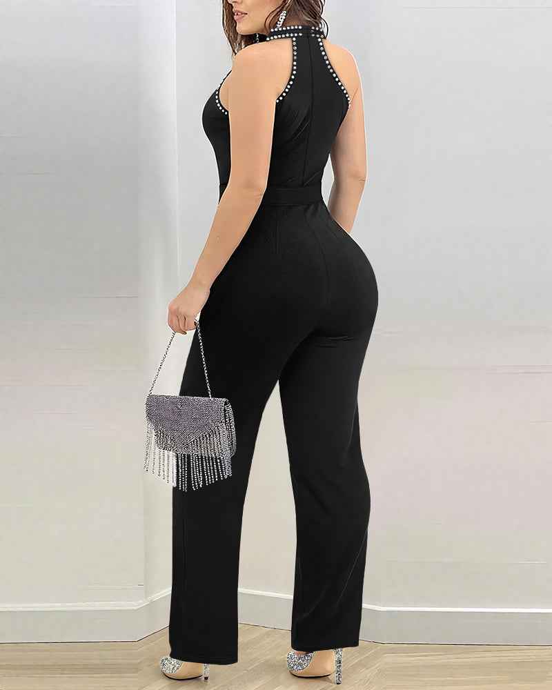 Elegant High-Waist Rhinestone Jumpsuit with Adjustable Straps