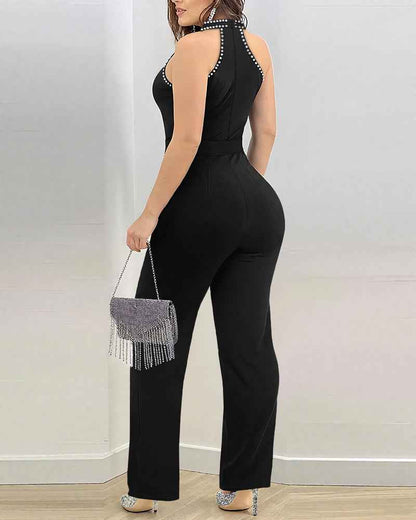 Elegant High-Waist Rhinestone Jumpsuit with Adjustable Straps