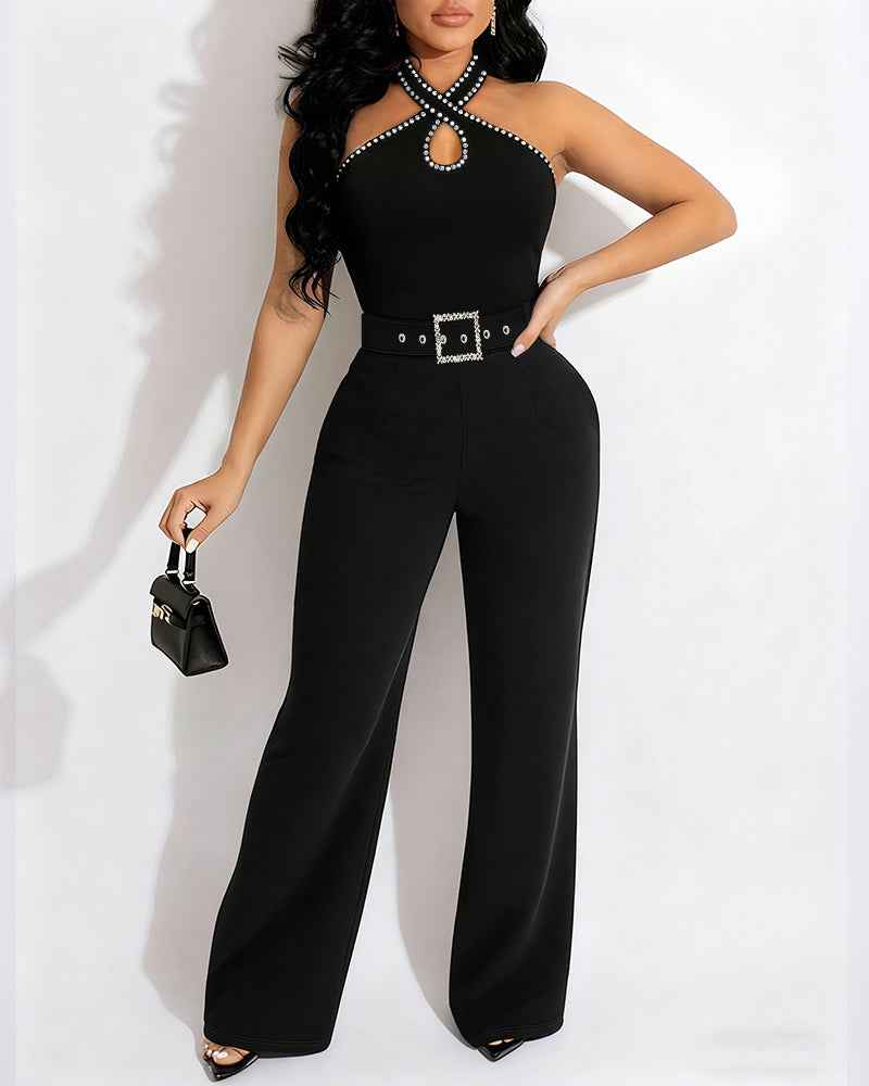 Elegant High-Waist Rhinestone Jumpsuit with Adjustable Straps