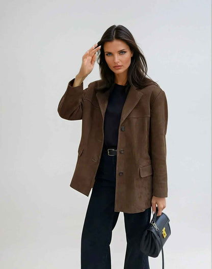 Elegant Brown Tailored Blazer with Padded Shoulders and Slim Fit - Jamota