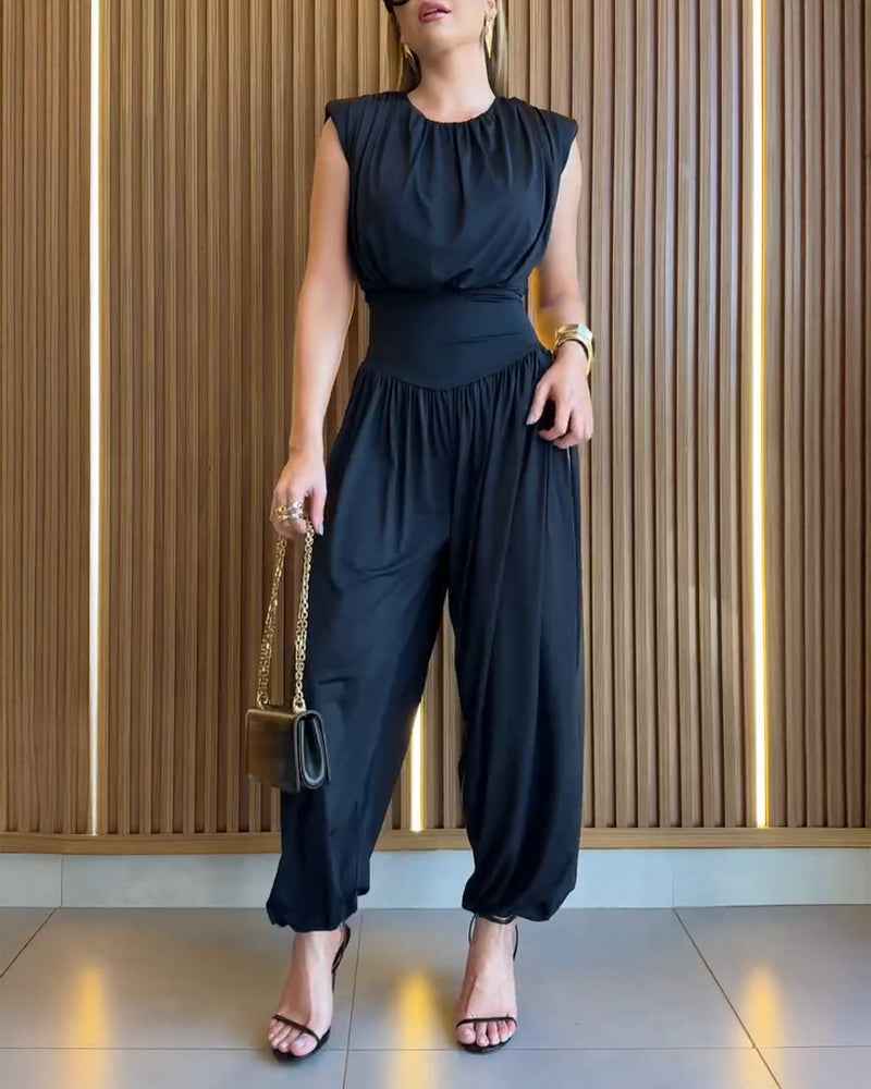 Elegant Casual Ruched Jumpsuit with Adjustable Straps & Pockets - Jamota