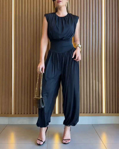Elegant Casual Ruched Jumpsuit with Adjustable Straps & Pockets - Jamota