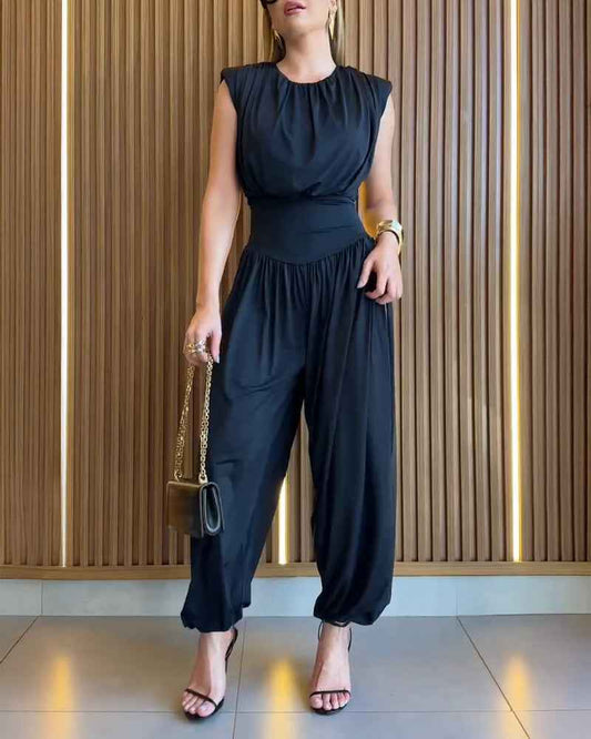 Elegant Casual Ruched Jumpsuit with Adjustable Straps & Pockets - Jamota
