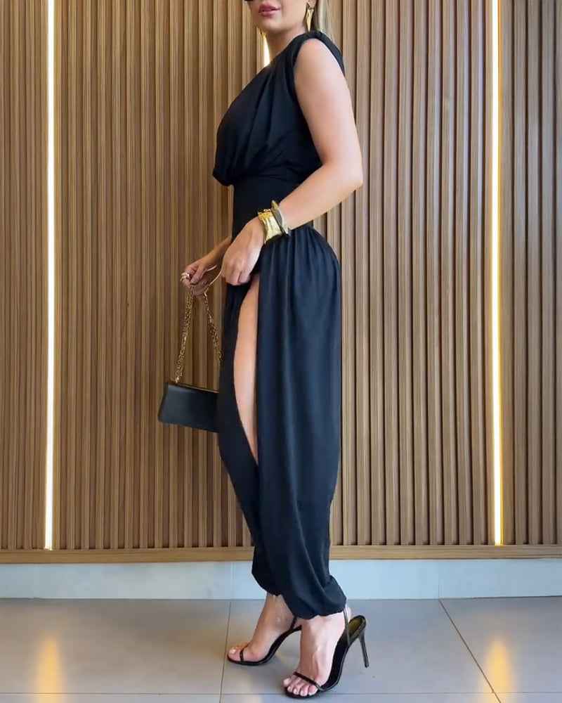 Elegant Casual Ruched Jumpsuit with Adjustable Straps & Pockets - Jamota