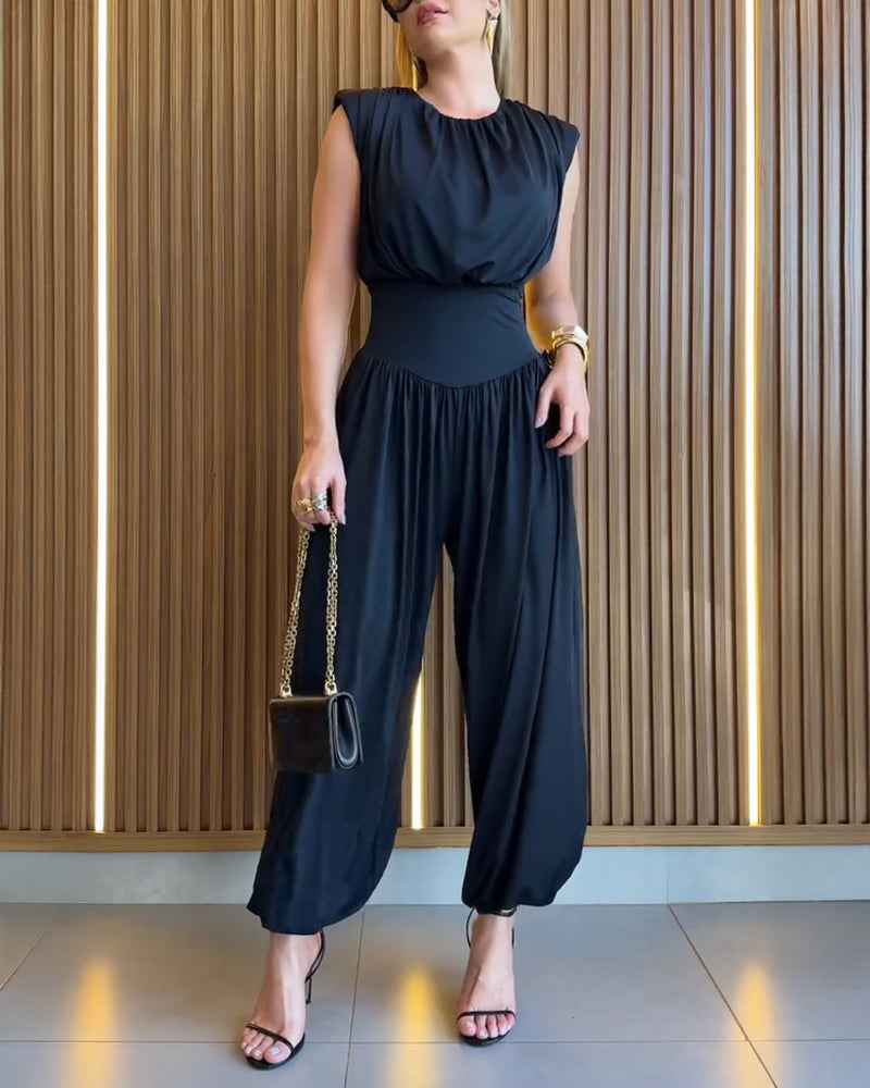 Elegant Casual Ruched Jumpsuit with Adjustable Straps & Pockets - Jamota