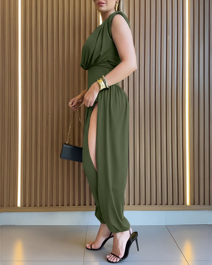 Elegant Casual Ruched Jumpsuit with Adjustable Straps & Pockets - Jamota