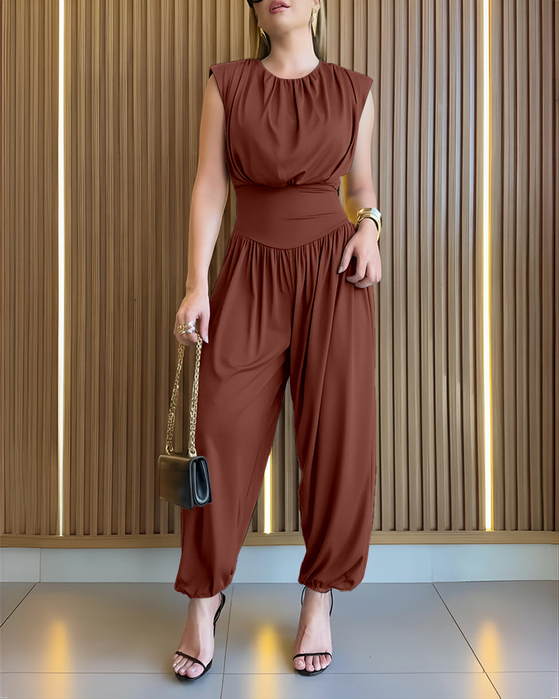 Elegant Casual Ruched Jumpsuit with Adjustable Straps & Pockets - Jamota